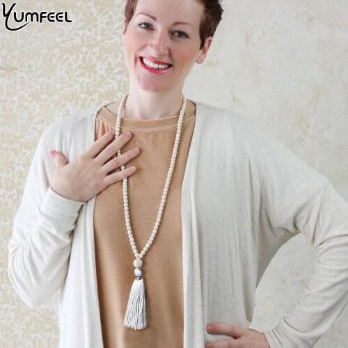 Yumfeel Brand New White Beads Necklace Handmade 10mm Wood Beads Tassel Long Necklace Women Jewelry