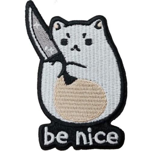 Be Nice Cat Knife Embroidery Patches for Clothing Iron on Applique Cartoon Cute Animal Patches Jackets Sewing DIY