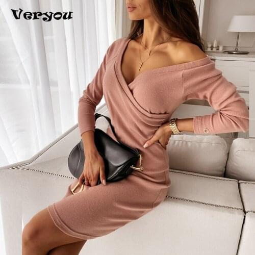 New Elegant Spring Autumn Dress Women Fashion V-Neck Party Dress Sexy Office Lady Slim Long Sleeves Party Dresses Pink Dress