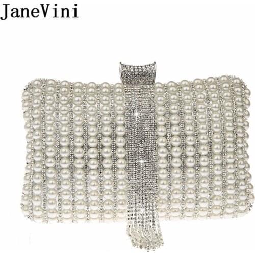JaneVini Pearls Silver Rhinestones Luxury Handbags Women Bags Designer Handmade Clutch With Chain Wedding Dress Handbag Purse