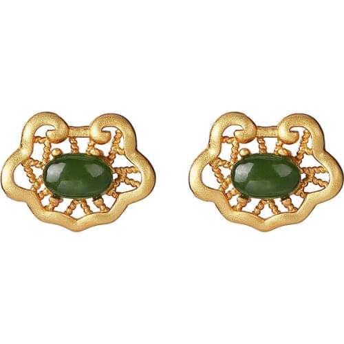 S925 sterling silver gold-plated natural Hetian jade stud earrings retro personality hollow out Ruyi womens earrings