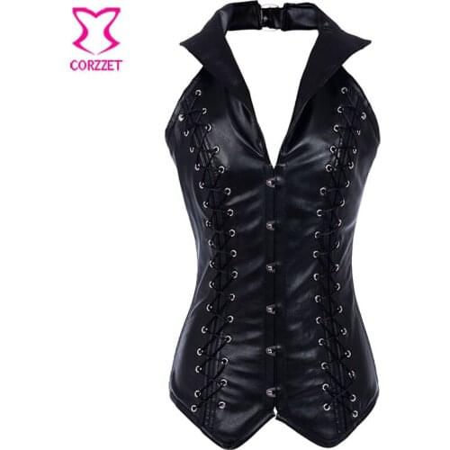 Halter Sexy Black Leather Corset Bustier Steampunk Gothique Steel Boned Corsets Plus Size Espartilhos E Corpetes Emagrecimento