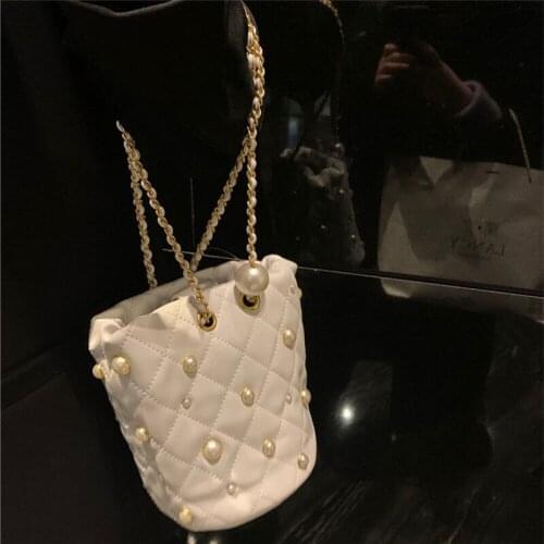 Lattice Pearl Drawstring Bucket bag 2021 Summer New Quality PU Leather Womens Designer Handbag Chain Shoulder Messenger Bag