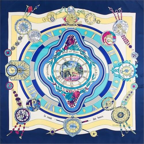 130cm*130cm 2021 New Twill Silk Scarf Women Rome clock Print Luxury Brand Scarf Large Square Scarves Femal Hijab Foulard Bandana