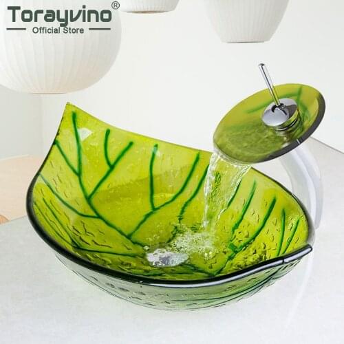 Torayvino Tempered Glass Hand Painted Green Leaf Shape Bathroom Basin Sink With Pop-up Drain & Waterfall Faucet Deck Mounted Tap