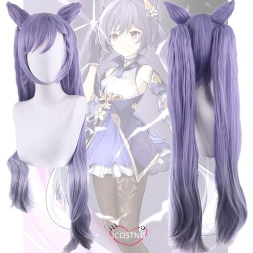 Genshin Impact Wig Keqing Cosplay Purple Long Curly Ponytails Ears Horns Pigtails Heat Resistant Women Halloween Cosplay Wig