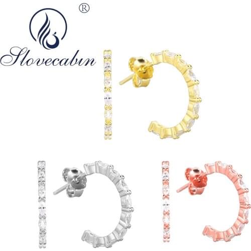 Slovecabin Real 100% 925 Sterling Silver Circle Crystal Hoop Earrings For Women Fine Jewelry Luxury Femme Silver 925 Earrings