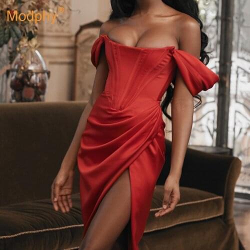 Strapless Sexy Strapless Red Split Thinking Dress Satin Fashion 2020 Tights Dress Party Nightclub Elegant Vestido