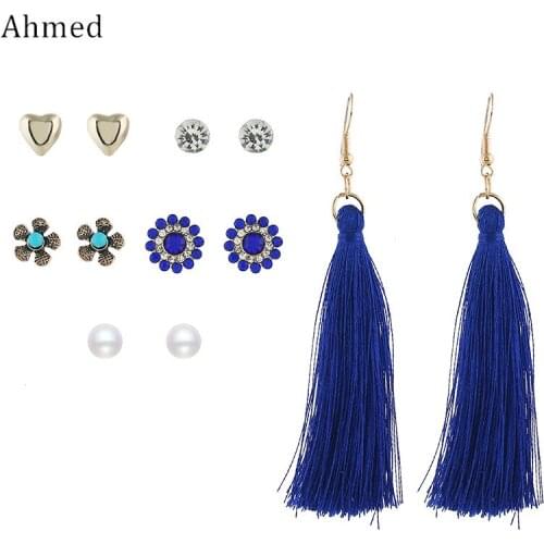 Ahmed 6pcs/set New Trendy Fashion Long Tassel Stud Earrings Set for Women Vintage Flower Pearl Earring Bohemian Brincos Jewelry