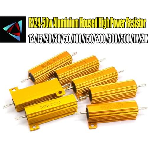 RX24 50W Watt Power Metal Shell Aluminium Gold Resistor 12 15 20 30 50 100 150 200 300 500 1K 2K Resistance