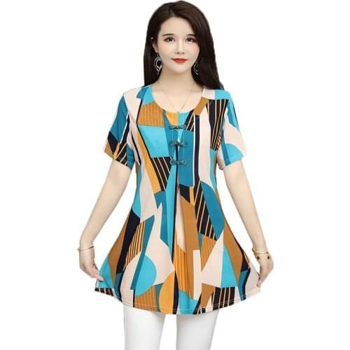 Middle-aged Womens New Summer Short-sleeved T-shirt Mid-length Fashion Mother printing Top Female Tshirt Loose plus Size 5XL