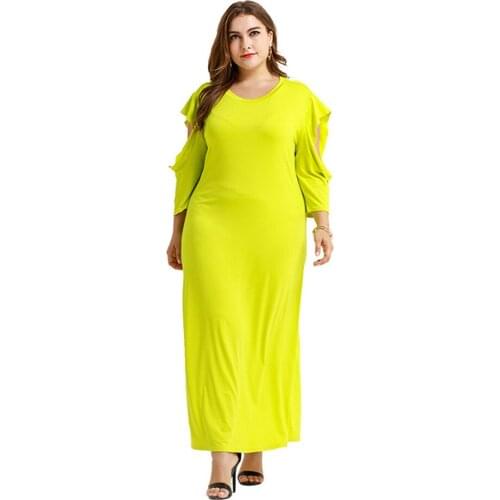Plus Size Fluorescent Green Spring Dress American Clothing Women Casual Summer Hole Maxi Comfortable Dress Ankle Length Straight
