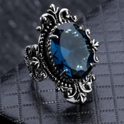 Classic Sea Blue Crystal Ring For Women European and American Vintage Thai Silver Color Oval Hand Jewelry Accessories