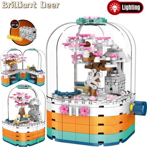 Japanese Style Creative LED Light Rotating Gift Box Building Blocks Friends City Street View Cherry Blossom Tree Bricks Toys