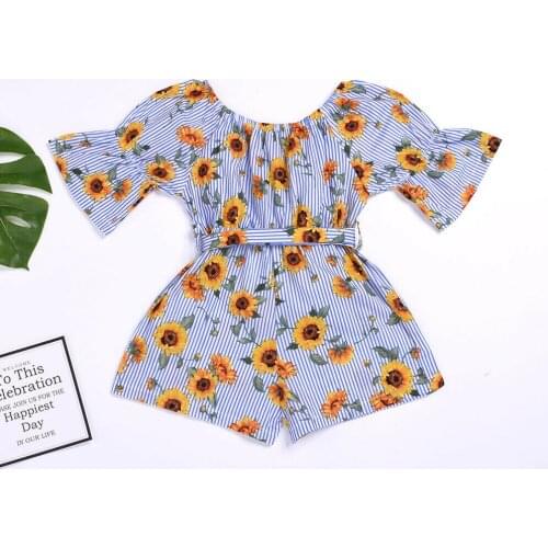 Toddler Kids Baby Girl Summer Clothes Causal Cotton Flower Stripe Flare Sleeve Jumpsuit Bodysuit Outfits Set