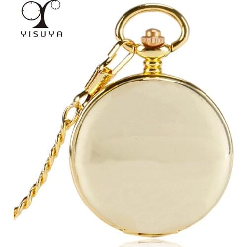 Smooth Gold Double Hunter Mechanical Pocket Watch Roman Numerals Skeleton Dial Hand Winding Pendant Pocket Clock with Fob Chain