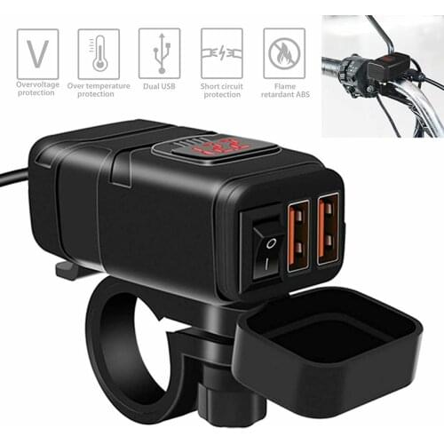 Motorcycle Dual USB Charger Adapter Cell Phone GPS QC 3.0 Quick Charge with LED Quick Charge 3.0 Voltmeter ON OFF Switch