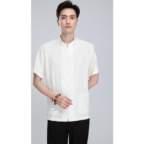 Men Tai Chi clothing cotton linen morning training clothes Tang suit китайский стиль men short-sleeved shirt Chinese tops shirt
