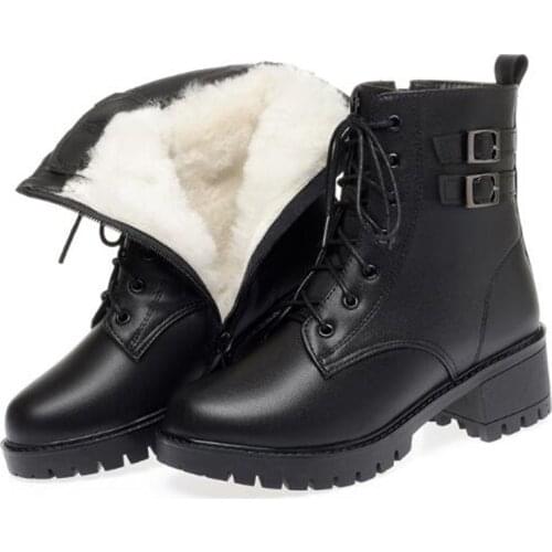 2021 New Autumn Single Martin Boots Tide Shoes Cowhide Plus Velvet / Wool Boots Warm Snow Boots High Heels Non-slip Women Boots