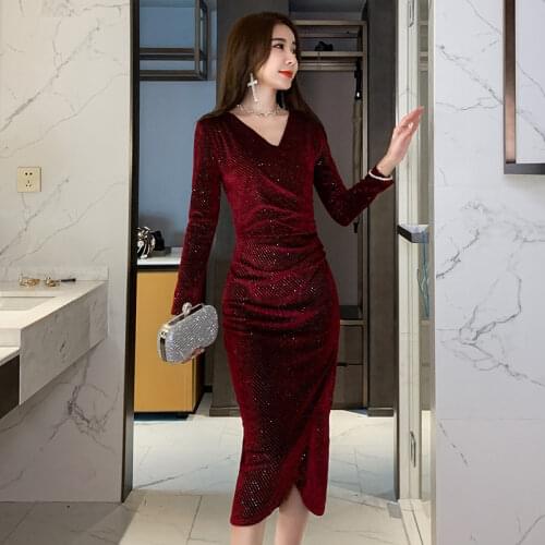 Autumn Women Long Sleeve V Neck Elegant Velvet Dresses Vintage Bandage Pencil Dress Sexy Party Bodycon Office Dresses Vestidos