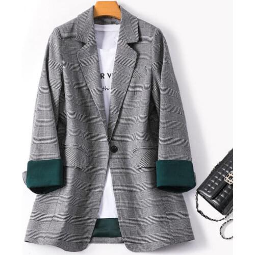 Autumn Fashion Plaid Blazers 2021 New Stylish Long Sleeve Notched Single Button Casual Jacket Coat Chic Slim Suit