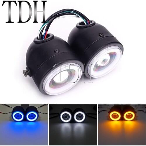 For Honda Yamaha Kawasaki Bobber Street Dual Sport LED Motorcycle Twin Headlight Double Headlamp Round DRL Running Front Light