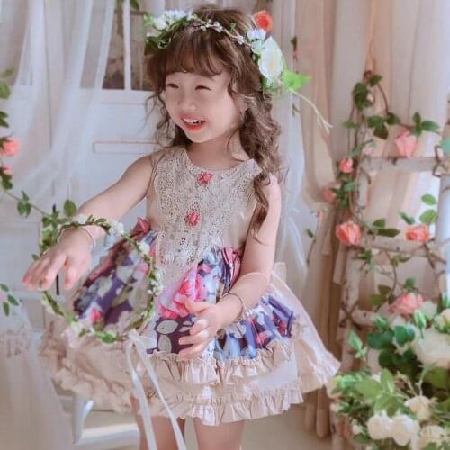 2PCS Summer Spanish Lolita Princess Vintage Flowers Bow Sleeveless Ball Gown Dress For Bady Girls Birthday Party Turkey Easter