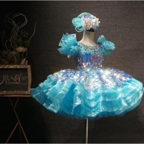 Light Blue Crystal Beading Girls Festival Party Dress Infant Girls Puffy Tutu Dresses Gowns Crystal Beading Girls Birthday Dress