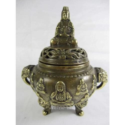Rare Chinese tibet brass Carved kwan-yin buddha Censer/Incense Burner Free shipping