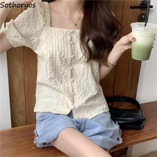 Shirts Women Short Sleeve Retro Square Collar Buttons Lovely Sweet Teens Solid Simple All-match Trendy Leisure Elegant Blouses