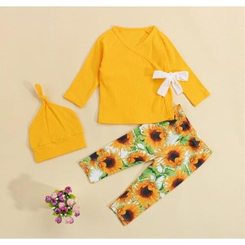 3Pcs Baby Boys Girls Tracksuits, Solid Color V-Neck Long Sleeve Tied Tops+Sunflower Print Pants+Hat Suit for Toddlers 0-18Months