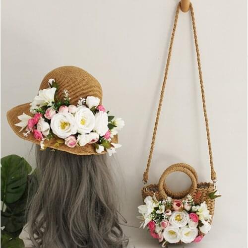 New Straw Bags for Women 2021 Summer Woven HandBag Handmade Flowers Woven Crossbody Beach Bag with Sun Hat Collapsible