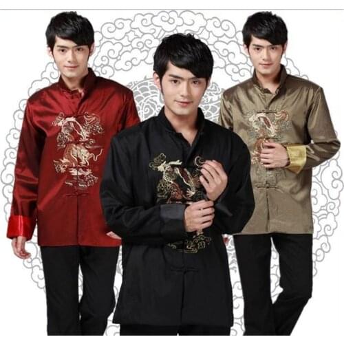 Shanghai Story Long Sleeve Chinese Traditional clothing Gold Dragon shirt for men mandarin collar kungfu shirt