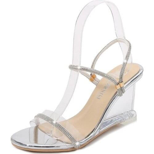 Sexy Wedge Heel Womens Slippers Transparent Crystal High Heels Summer Women Sandals Peep Toe Woman Shoes Silver Black Slides