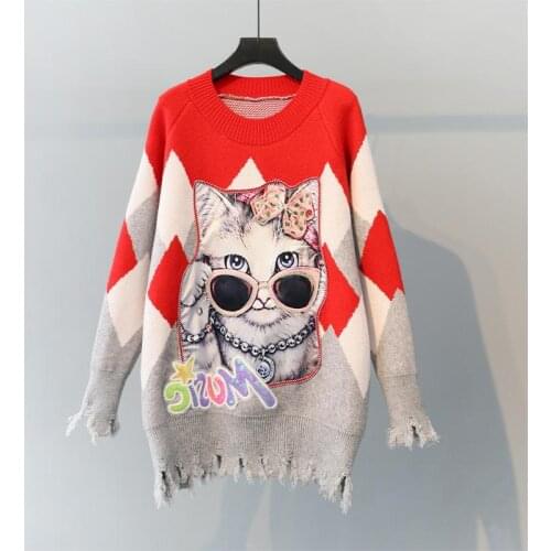 Korean Version Of The Lazy Style Color Matching Loose Cartoon Irregular Sweater Womens Pullover Fall Winter 2021 Thick Section
