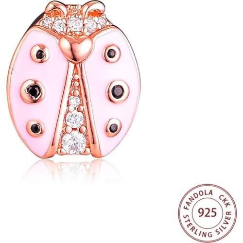 Fandola Authentic 925 Sterling Silver Rose Reflexions Pink Ladybird Charm Beads Fit Original Bracelet For Women Jewelry Gift