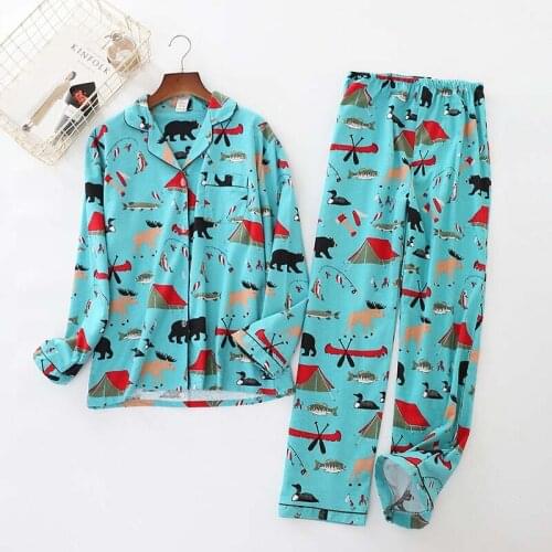 Women Pajamas Set Comfort Pyjama Set Simple Style Cartoon Printed Sleepwear Turn-down Collar Ladies Cotton Homewear Casual Wear