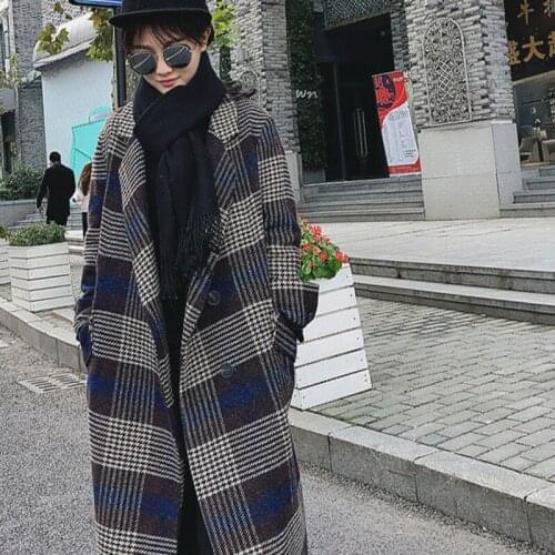 2021 Women Spring autumn coat Long Plaid trench coat Big size Female trench coat Woolen coat classic style Loose Z243