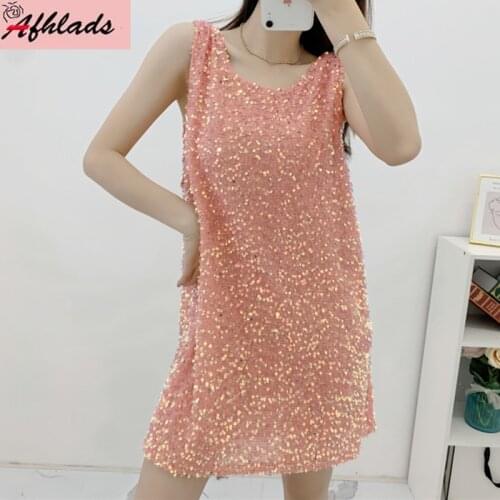 Summer New Korean Sequins Sexy Night Club Vestidos Womens Clothing Sleeveless Plus Size Loose Fashion Vest Party Mini Dress
