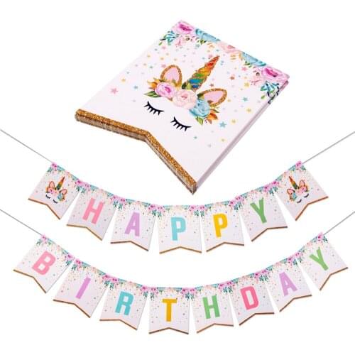 1pc String Glittering Unicorn Happy Birthday Paper Banner Baby Shower Kids Party Decor Cartoon Flags Unicorn Room Party Supplies