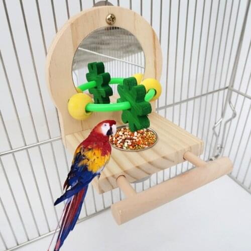 3 in 1 Design Parrot Food Cup Stainless Steel Feeding Bowl Wood Perch with Mirror Pecking Toys for Small Medium Birds