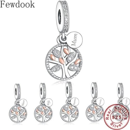 925 Silver Rose Gold Family Tree of Life Bead Pendant Fit Original Pan Charm Bracelet Making Wife Mum Daughter Berloque 2021 New
