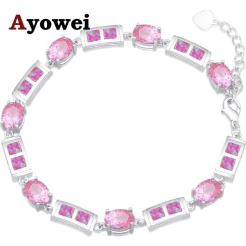 Ayowei 19.5-21.5cm Pink zircon Created Fire Opal 925 Silver Stamped Vintage Charm Bracelets for girls gift OBS094A