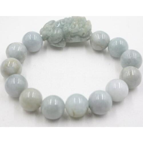 Natural Grade A 13mm Light Green Bead with Pixiu Jade (Jadeite) Bracelet Unisex