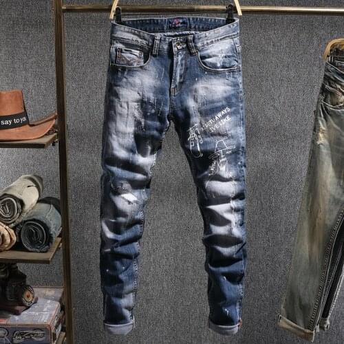 Fashion Streetwear Men Jeans Retro Blue Slim Fit Patchwork Ripped Jeans Men Printed Designer Denim Pants Hip Hop Jeans Homme