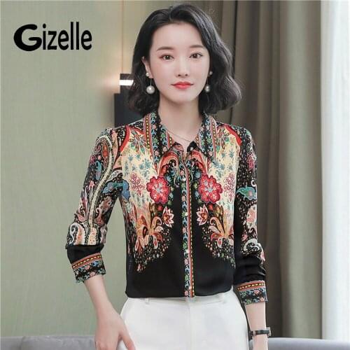 Gizelle Women Vintage Elegant Flower Printing Button Up Blouses Turn Down Collar Blusas Large Size Tops Traf Lady Clothes Zaful