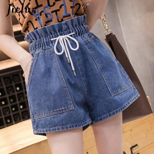 Jielur Oversize Loose High Waist Denim Shorts Woman A-line Drawstring Elastic Waist Jeans for Girls Casual Blue Summer Shorts