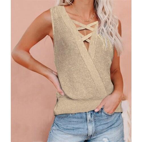 Summer Women’s Tank Tops Knitted V-Neck Hollow Chest Cross Double-Sided Vest Sleeveless Beautiful Back Solid Color New T-Shirts