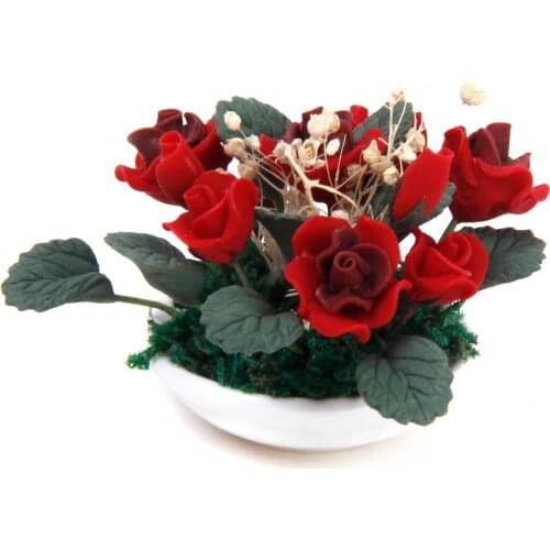 1/12th Doll House Miniature Home Decoration Clay Green Plants Rose Gypsophila Flower In Ceramic White Pot