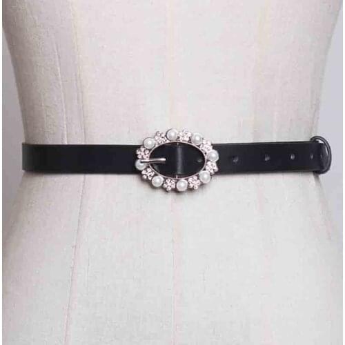 SeeBeatuful New Fashion 2020 Autumn Winter Rhinestone Pearl Oval Pin Buckle Girdle Pu Leather Long Belts Women 7 Colors Y801